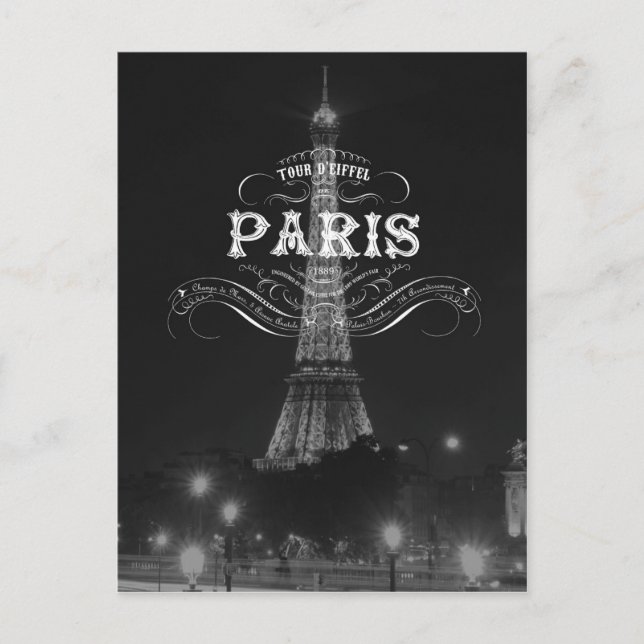 Paris Black and White Travel Postcard Eiffel Torn Vykort (Framsida)