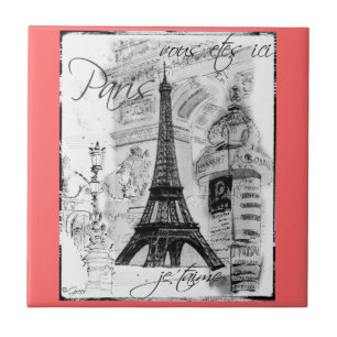 Paris Black & White Eiffel Torn Street Scene Kakelplatta