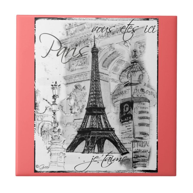 Paris Black & White Eiffel Torn Street Scene Kakelplatta (Framsidan)