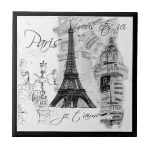 Paris Black & White Eiffel Torn Street Scene Kakelplatta