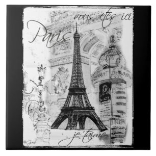 Paris Black & White Eiffel Torn Street Scene Kakelplatta