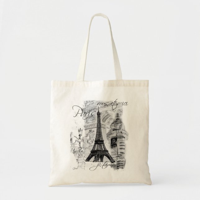 Paris Black & White Street Scene med Eiffel Torn Tygkasse (Framsidan)