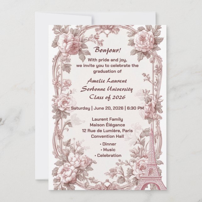 Paris Blommig Elegant Rosa Eiffeltornet Examen Inbjudningar (Framsida)