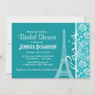 Paris; Blue-Grönt Damask Pattern Inbjudningar