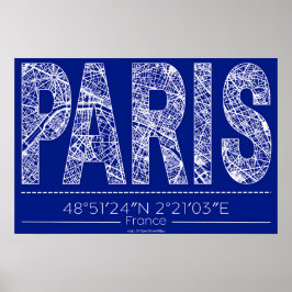 Paris Blueprint Typografi Kartaffisch – Horisontel Poster