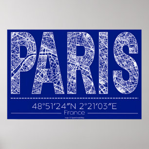 Paris Blueprint Typografi Kartaffisch – Horisontel Poster