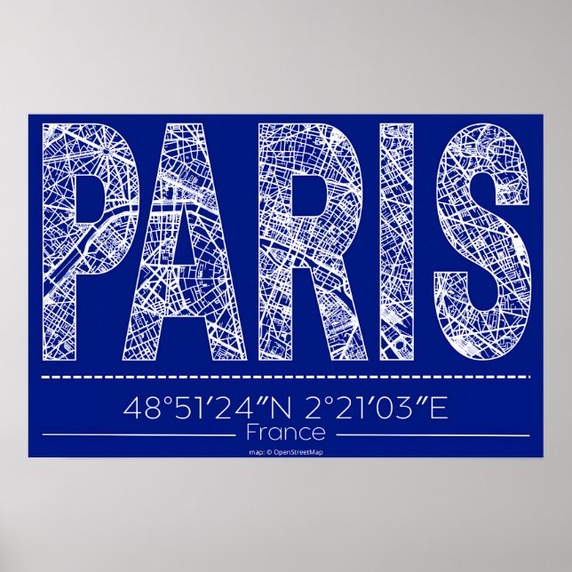 Paris Blueprint Typografi Kartaffisch – Horisontel Poster (Framsidan)