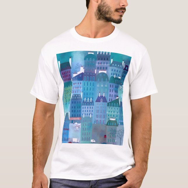 Paris Blues Modern Cityscape Painting T Shirt (Framsida)