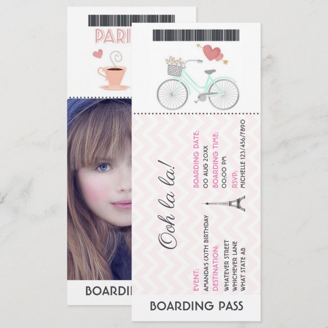 Paris Boarding Pass Födelsedagsinbjudan lägg till  Inbjudningar (Fram/baksida)