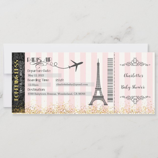 Paris Boarding Pass Inbjudan, Bebis, Bröllop Inbjudningar (Framsida)