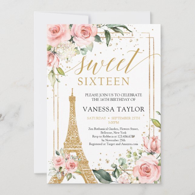 Paris boho  rosa blommigt guld sweet sixteen inbjudningar (Framsida)