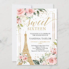 Paris boho rosa blommigt guld sweet sixteen inbjudningar
