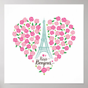 Paris Bonjour Blommigt Heart Poster