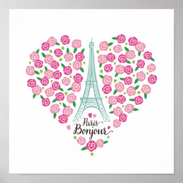 Paris Bonjour | Blommigt Heart Poster (Framsidan)