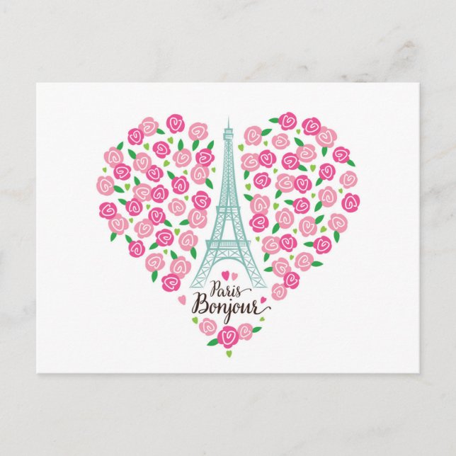Paris Bonjour | Blommigt Heart Vykort (Framsida)