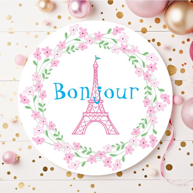 Paris Bonjour Rosa Blommigt Runt Klistermärke (Skapare uppladdad)
