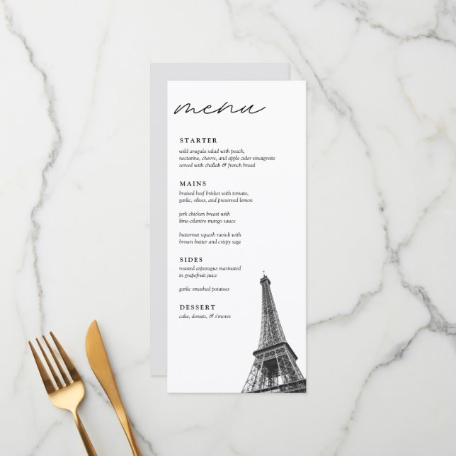Paris Bröllop Modern Elegant Dinner Menu Meny (Fram/Back In Situ)