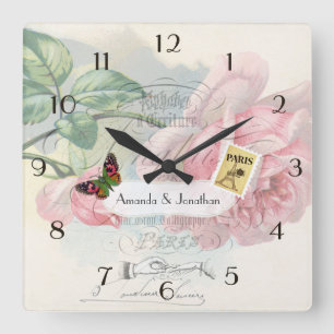 Paris Bröllop Vintage Shabby-Chic Rosa Ros Anpassa Fyrkantig Klocka