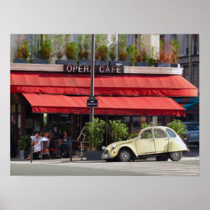 Paris Café och gammal Citroën bil Poster