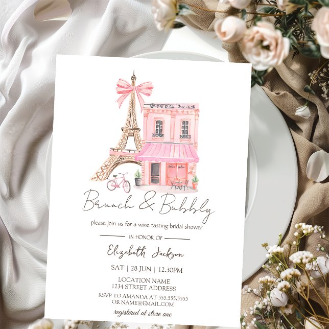 Paris Café Vattenfärg Rosa  Brunch och Bubbly Inbjudningar (Skapare uppladdad)