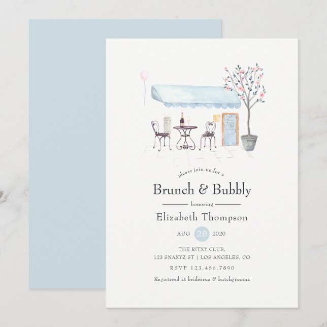Paris Cafe Watercolor Brunch och Bubly Inbjudningar (Fram/baksida)