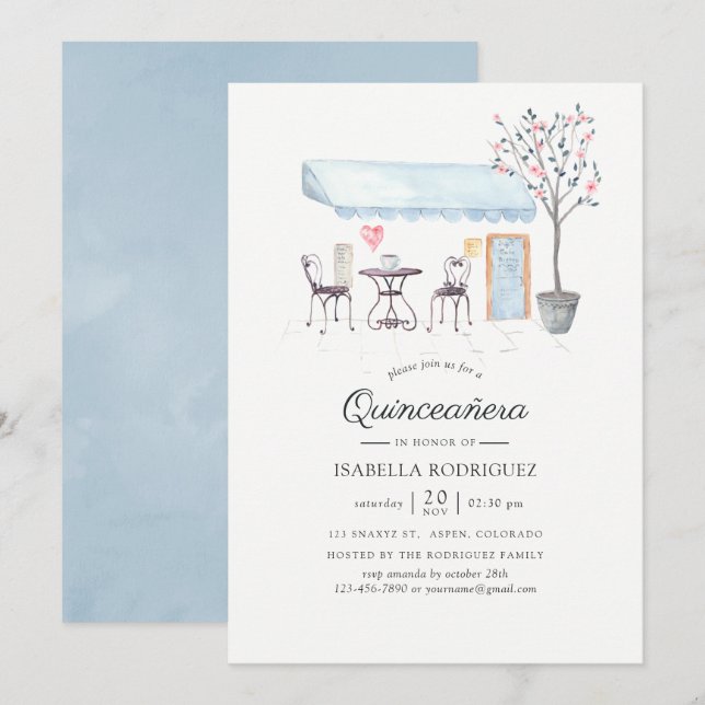 Paris Café Watercolor Quinceañera Inbjudningar (Fram/baksida)