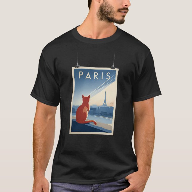 Paris Cat Skyline – Minimal Travel Print T Shirt (Framsida)