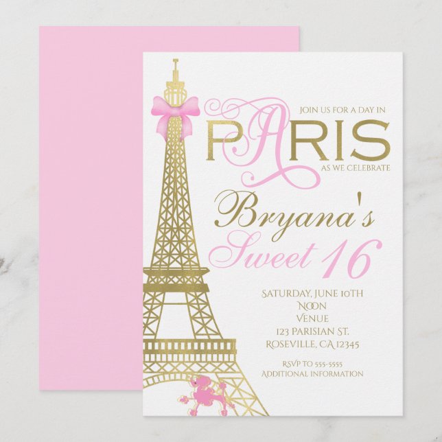 Paris Chic Eleganta Rosa & Guld Festsedlar Inbjudningar (Fram/baksida)