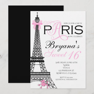 Paris Chic Eleganta Rosa & Svarta Festinladningar Inbjudningar