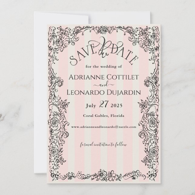 Paris Chic Ornate Rosa Rand Bröllop Spara Datumet (Framsida)