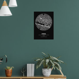 Paris City Karta Black & White Poster