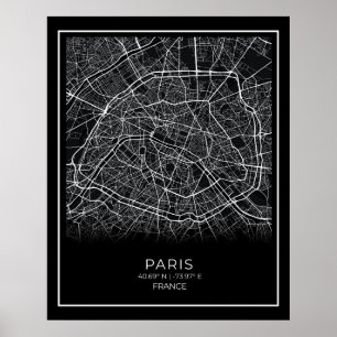 Paris City Karta - Paris Black Karta Poster