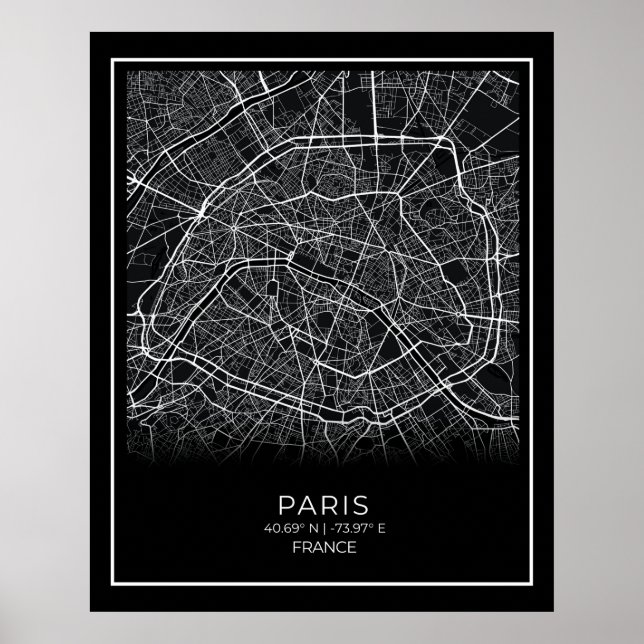 Paris City Karta - Paris Black Karta Poster (Framsidan)