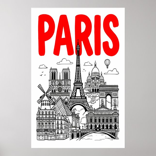 Paris City Konsttryck Fet Röd Typografi med Poster (Framsidan)
