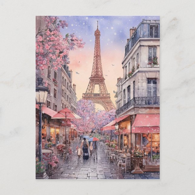 Paris City Street Scene med Eiffle Torn Art Vykort (Framsida)