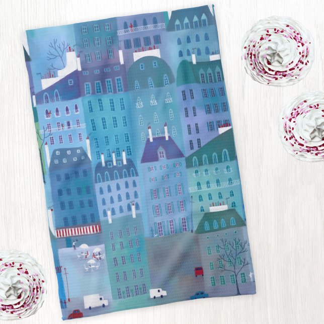 Paris Cityscape Painting i Blue Kökshandduk (Paris France blue art kitchen tea towel)