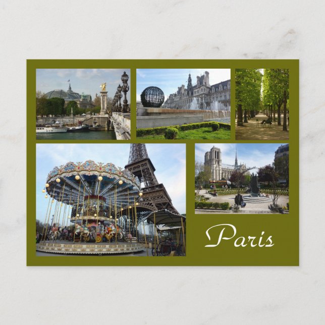 Paris Collage (Karousel, Eiffel Torn, Notre Dame) Vykort (Framsida)