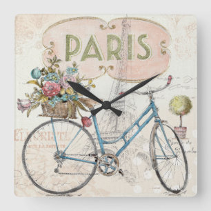 Paris cykel med blommor fyrkantig klocka