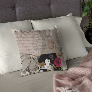 Paris Dam med Hat Rosa Flower Collage Kudde