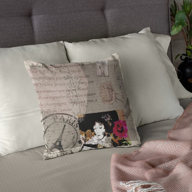 Paris Dam med Hat Rosa Flower Collage Kudde (Skapare uppladdad)
