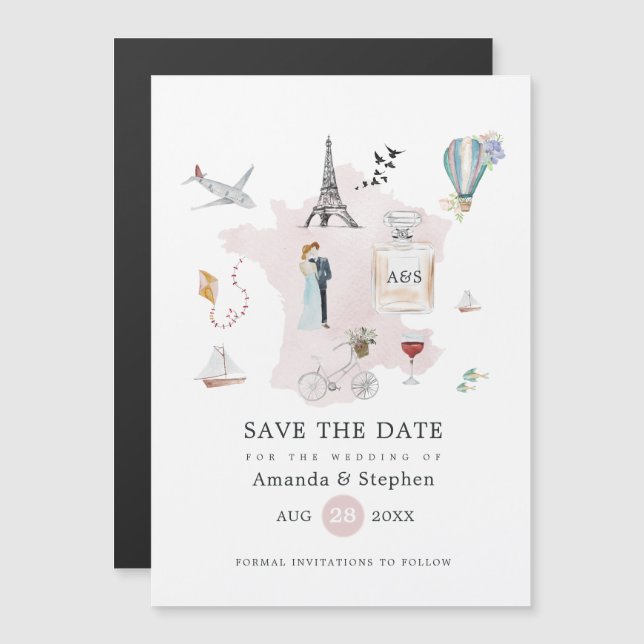 Paris Destination Bröllop Monogram Spara Datum Magnetisk Inbjudningskort (Fram/baksida)