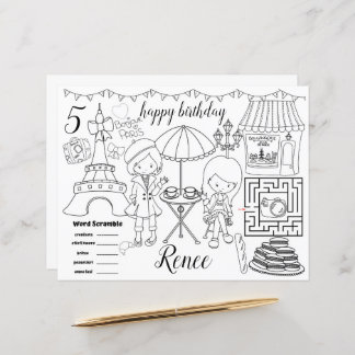 Paris Eiffel activity color sheet placemats