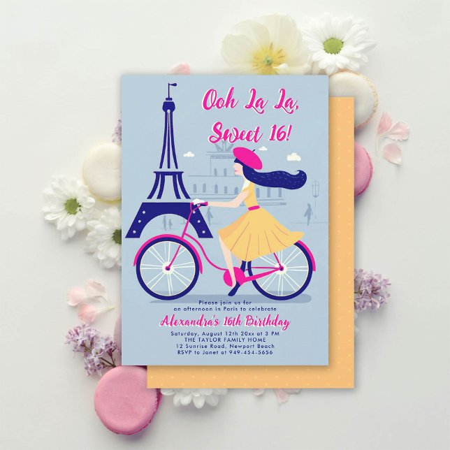 Paris Eiffel Bicycle Oh La Blue Gult Sweet 16 Inbjudningar (paris sweet 16 sixteen invitation bike bicycle fashion dress eiffel calligraphy blue yellow hot pink)