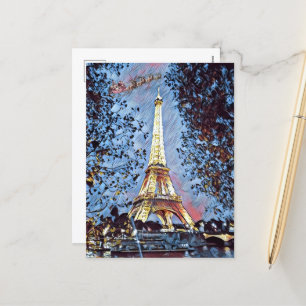Paris Eiffel Impressionist Blue Santa jul Helg Vykort