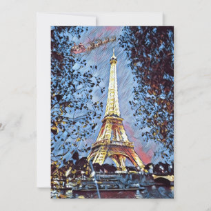 Paris Eiffel Impressionist Blue Santa jul Julkort