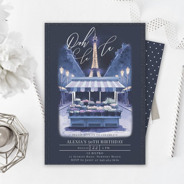 Paris Eiffel Night Blommigt Watercolor 50:e födels Inbjudningar (paris theme parisian night 50th birthday party invitation flower stand eiffel tower watercolor)