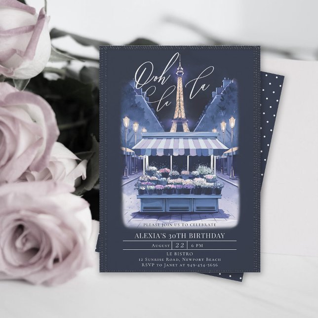 Paris Eiffel Night Flowers Watercolor Birthday Inbjudningar (paris theme parisian night birthday party invitation flower stand eiffel tower watercolor)
