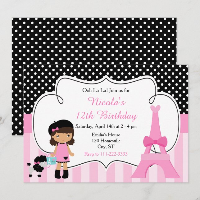 Paris Eiffel Torn African American Girl Party Inbjudningar (Fram/baksida)