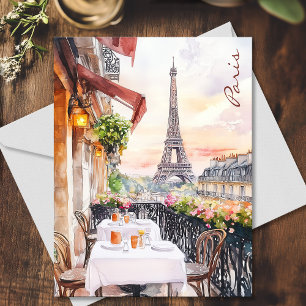 Paris Eiffel Torn Balcony Watercolor Art Travel Vykort