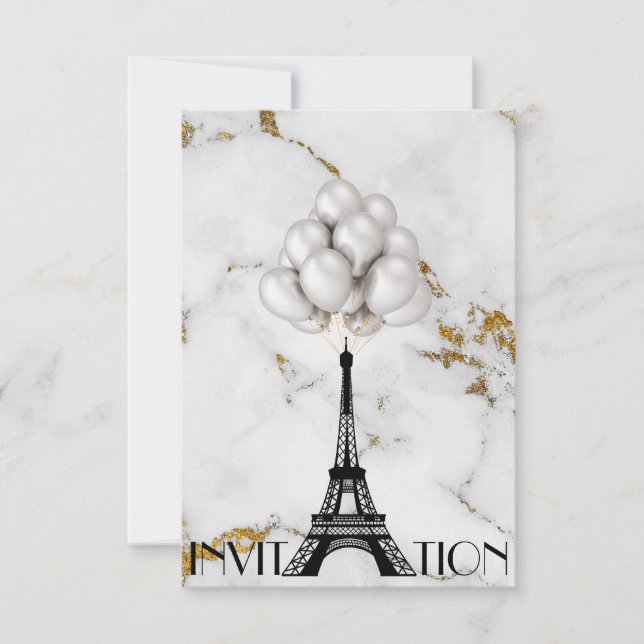 Paris Eiffel Torn Balloons Marble Guld Inbjudningar (Framsida)
